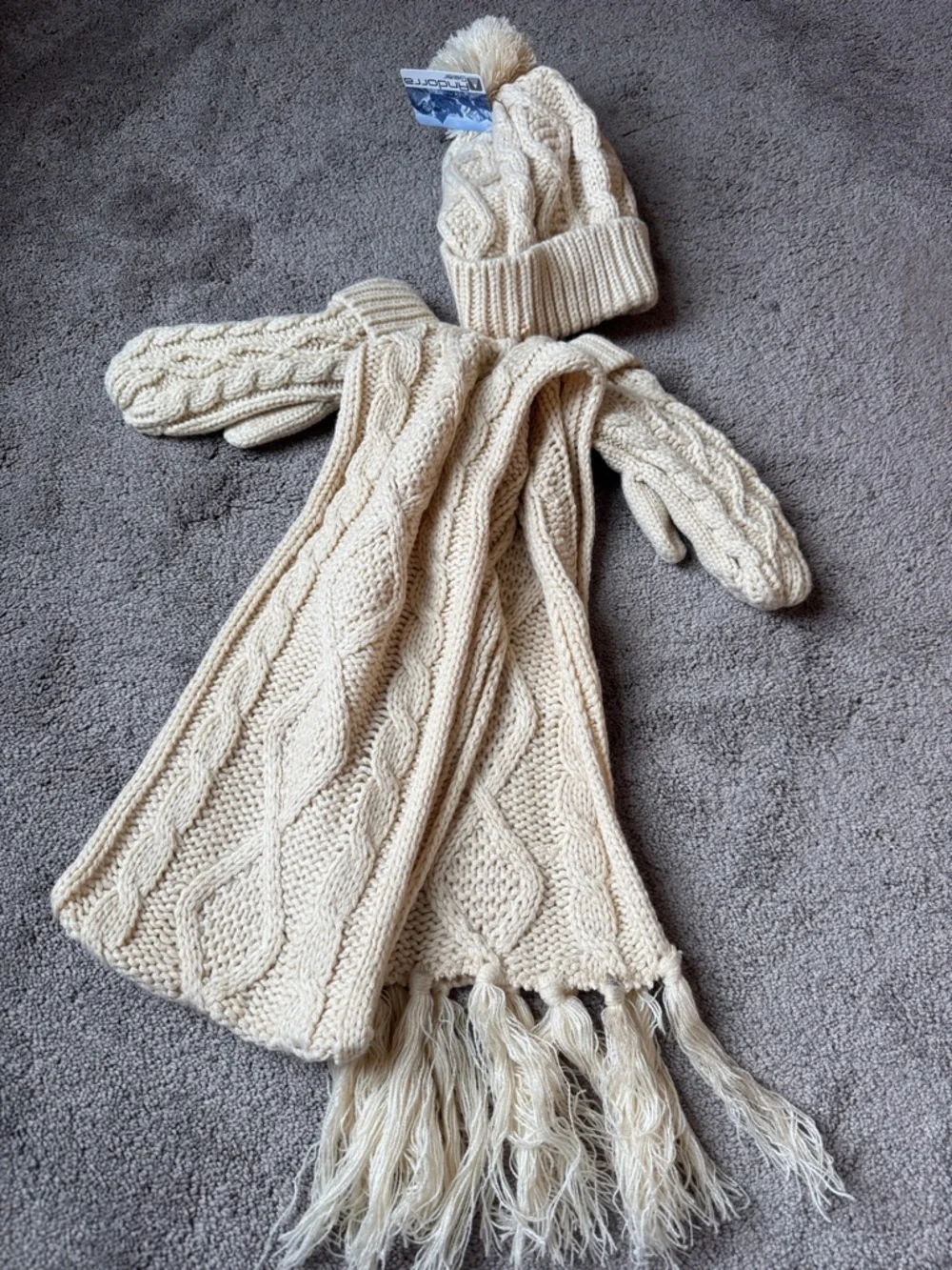 Andorra Gear Cream Cable Knit Beanie Scarf Mitten Set Cozy Winter OS NWT